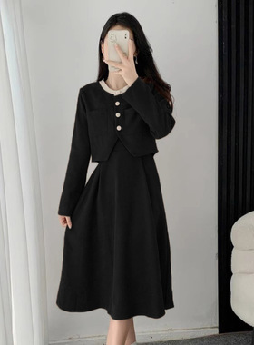 复古气质高级感开衫外套+吊带连衣裙女2025年秋冬法式灯芯绒套装
