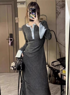 辣妹高腰拼接蓝色长排纽扣圆领裙秋冬季纯欲风灰色长袖连衣裙潮女