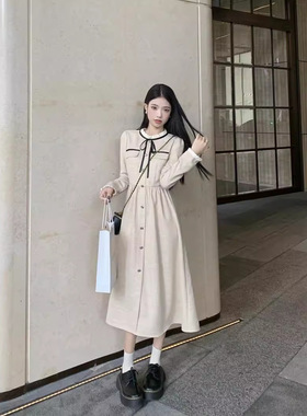 小香风连衣裙女秋冬2025新款名媛气质收腰显瘦中长款系带长袖裙子