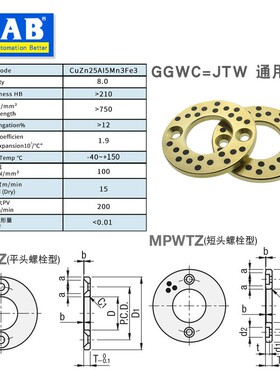 现货JTW止推无油石墨铜合金垫片平头螺栓型替米*MPWZ怡*OFU01