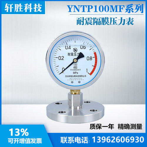 YNTP100-MF DN25 抗振隔膜压力表 不锈钢法兰式耐震式隔膜压力表