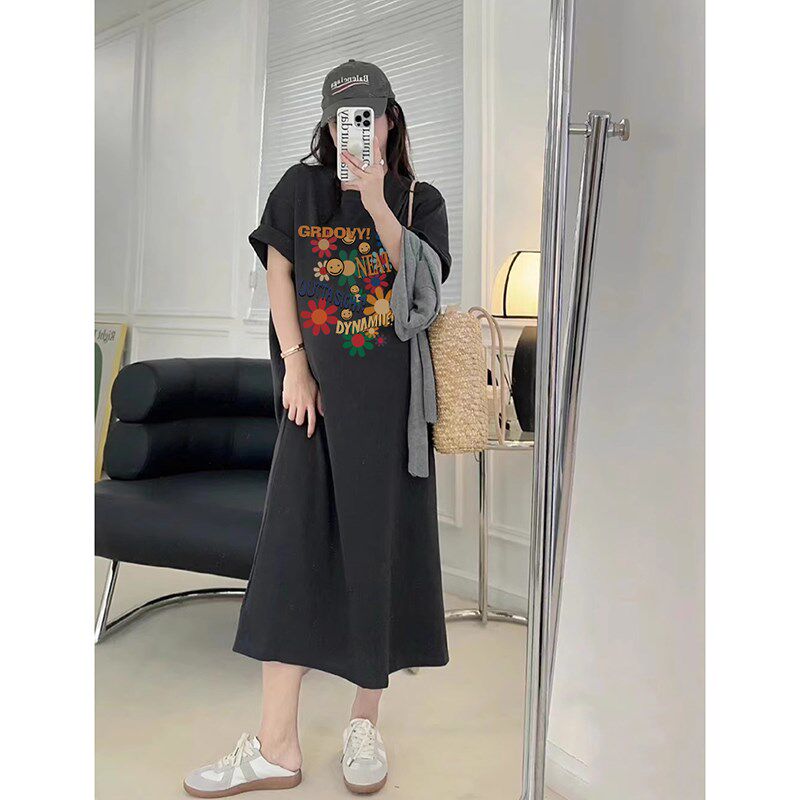 纯棉孕妇连衣裙2025新款深灰色宽松短袖t恤裙孕晚期遮肚过膝裙子