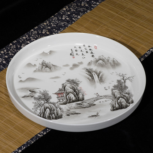 茶盘陶瓷实用简约大号茶海u小圆型托盘加单层双层青花瓷中式釉下