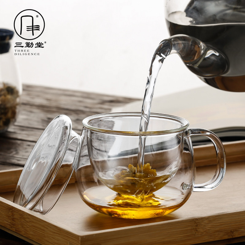 三勤堂耐热玻璃杯内胆带盖过滤茶杯水F杯泡茶杯子高朋硅玻璃花茶