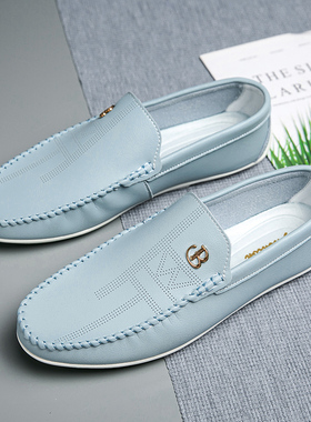 白色豆豆鞋男春季薄款透气镂空休闲懒人鞋202O4新款一脚蹬开车皮