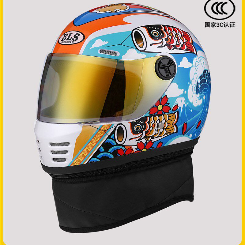 儿童头盔男孩鲤鱼旗招财猫全盔秋冬季防风围脖款电动车骑行安全帽