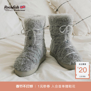 RockfishWeatherwear冬季卷毛蓬松厚底时尚双排缎带毛毛鞋雪地靴