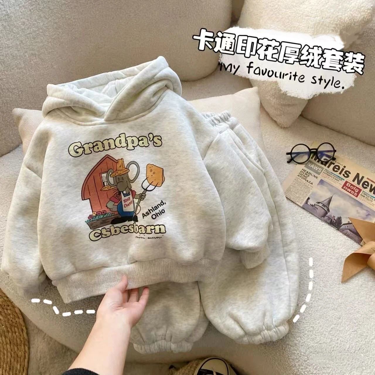 儿童冬季加绒加厚连帽卫衣套装中小童超萌洋气保暖韩版休闲卫衣裤