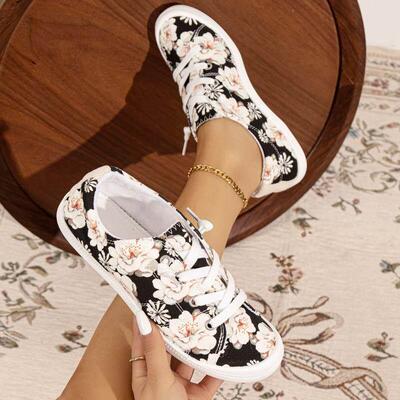 跨境Women'S Casual Shoes Peach Blossom Printed Low Top Flat