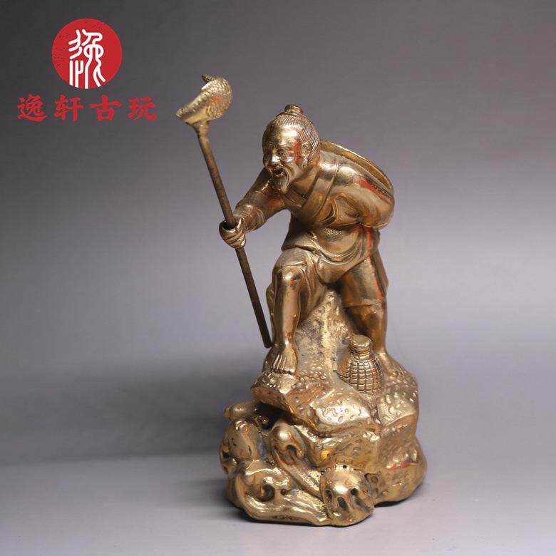 仿古古玩收藏黄亮纯铜钓鱼老翁姜太公钓鱼摆件工艺品家居书房摆件