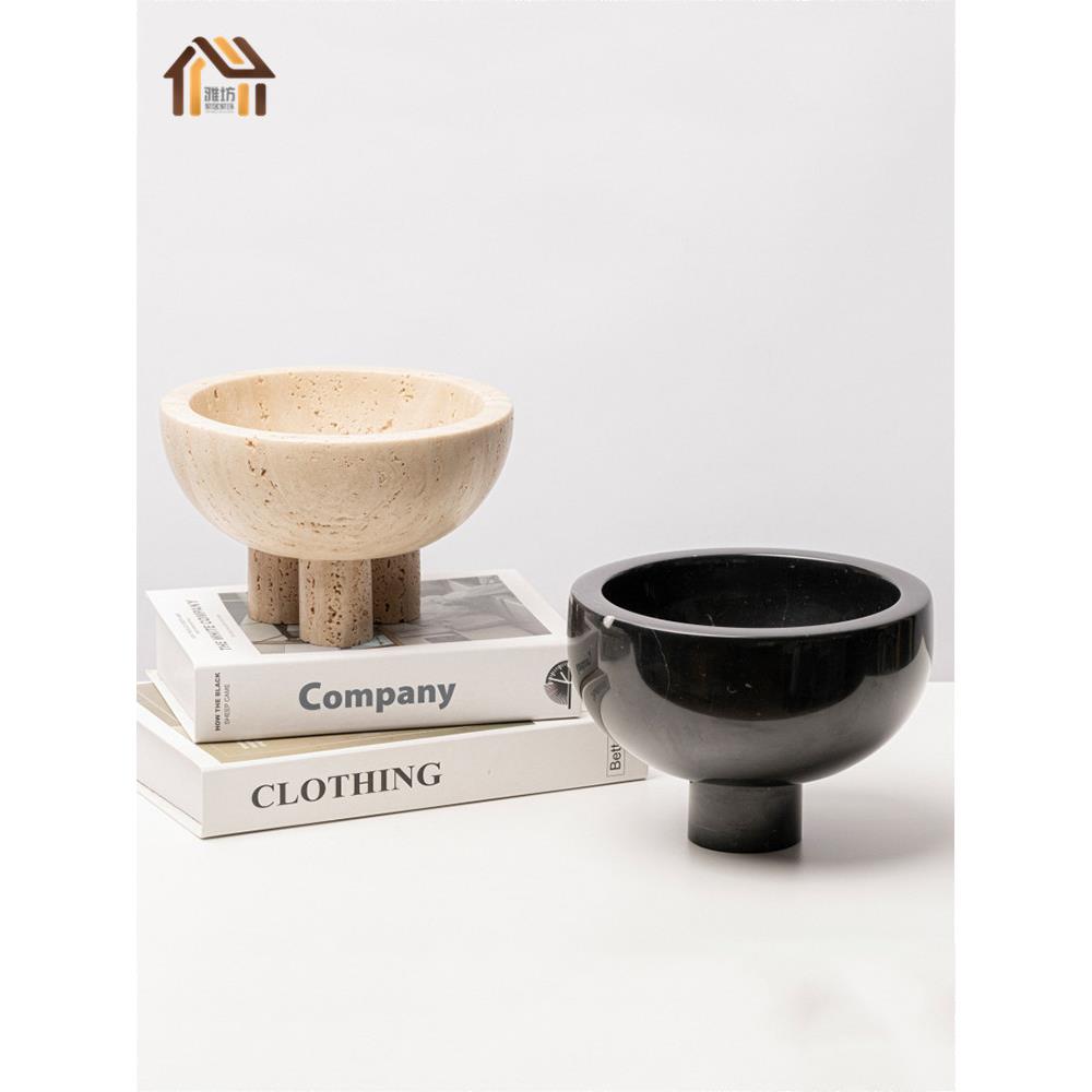 现代简约大理石三角水果盘收纳摆件客厅餐桌黄洞石花盆花器装饰品