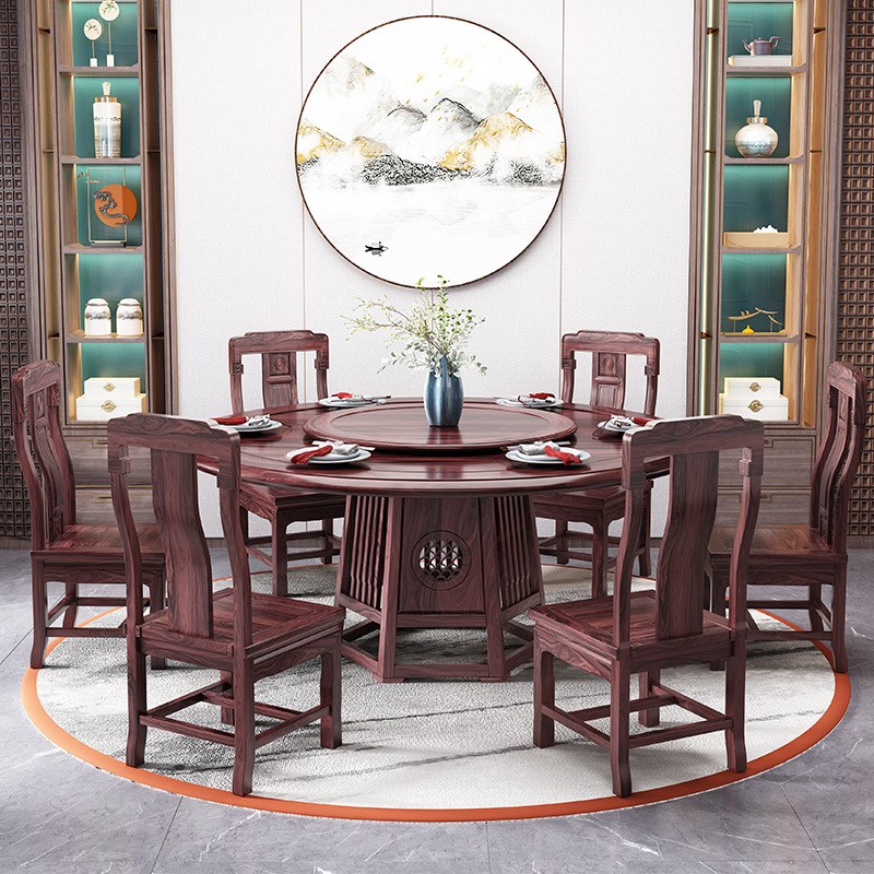 新中式澳洲酸枝木餐桌8/10人实木圆桌带转盘简约吃饭桌1.6/1.8米