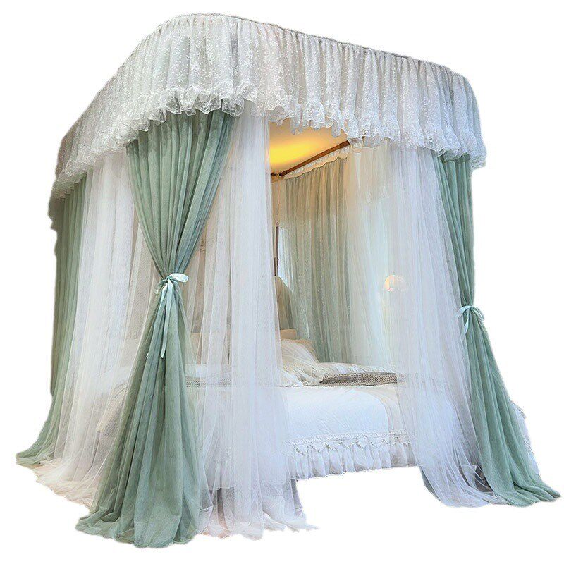 CB#2024升降U型导轨三开门蚊帐双层纱防尘落地家用加密轨道落地家