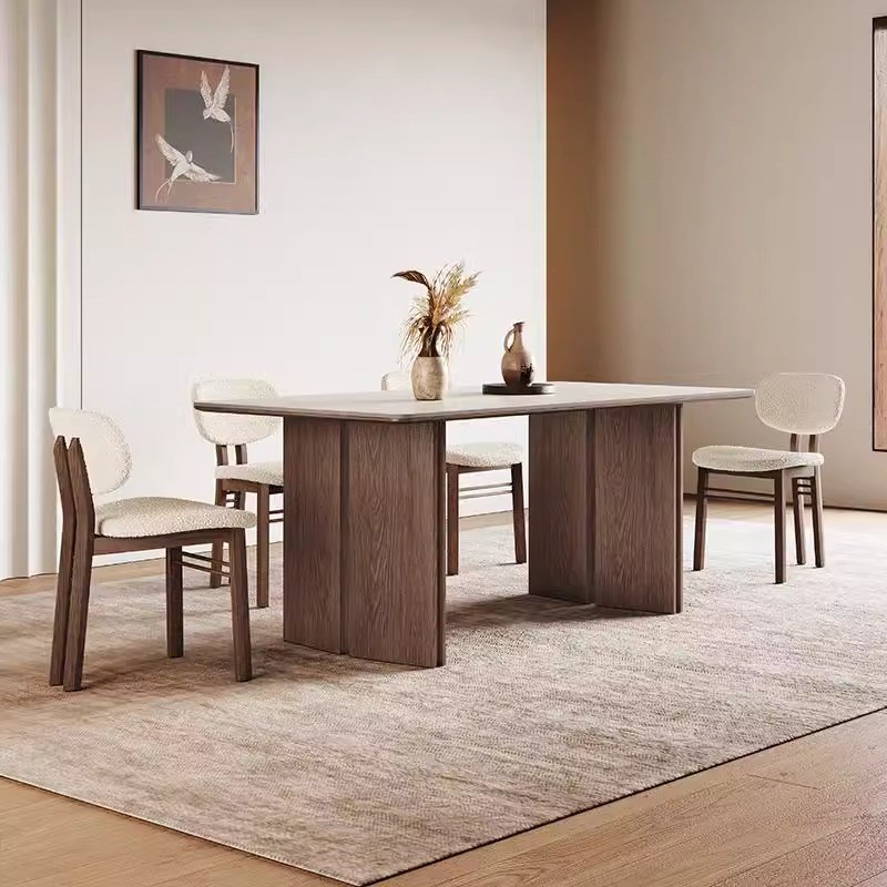 侘寂风实木餐桌长方形胡桃木色2025新款轻奢P家用高端白色岩板餐