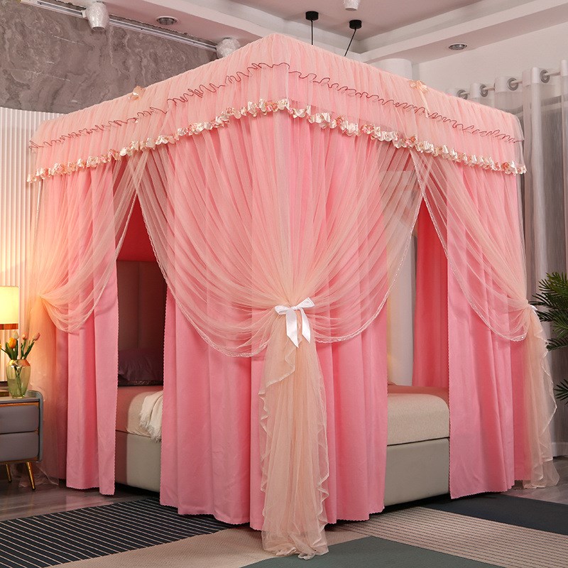 2023双层纯色床帘蚊帐支架全套新款公主风床幔家用落地遮光帘蚊帐