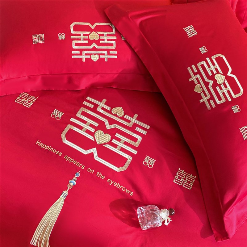 中式刺绣澳棉磨毛婚庆四件套大红色床单被套多件套结婚床上用品4
