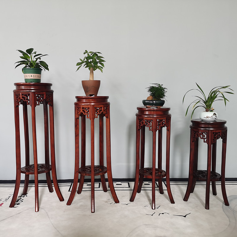 榆木实木中式花架红木色玄关w盆景架子室内花几客厅圆形古典落地