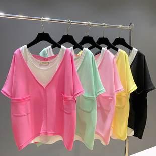 宽松短袖 韩版 T恤女纯色背心两件套v领不对称胖mm上衣 新款 2021夏季