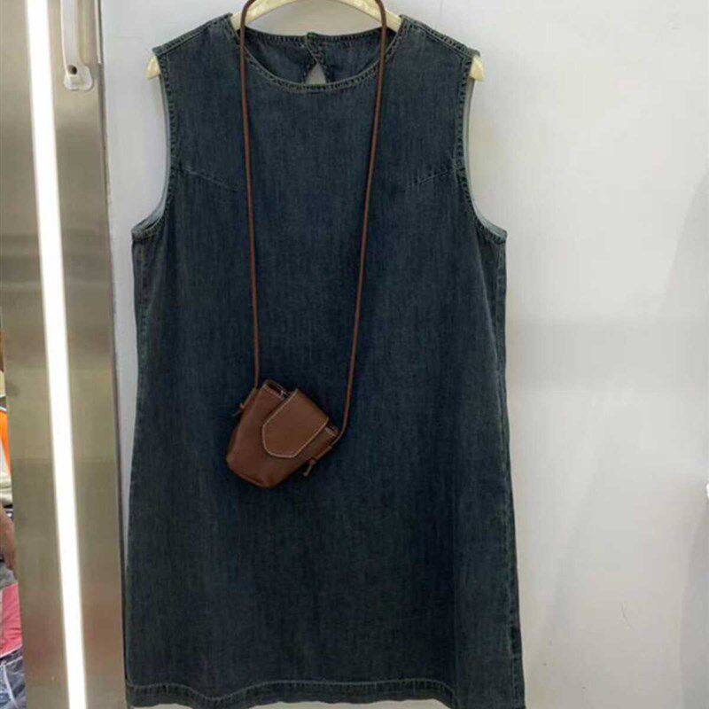 夏季韩系气质无袖上衣女宽松休闲百搭复古牛仔背心连衣裙中长款薄