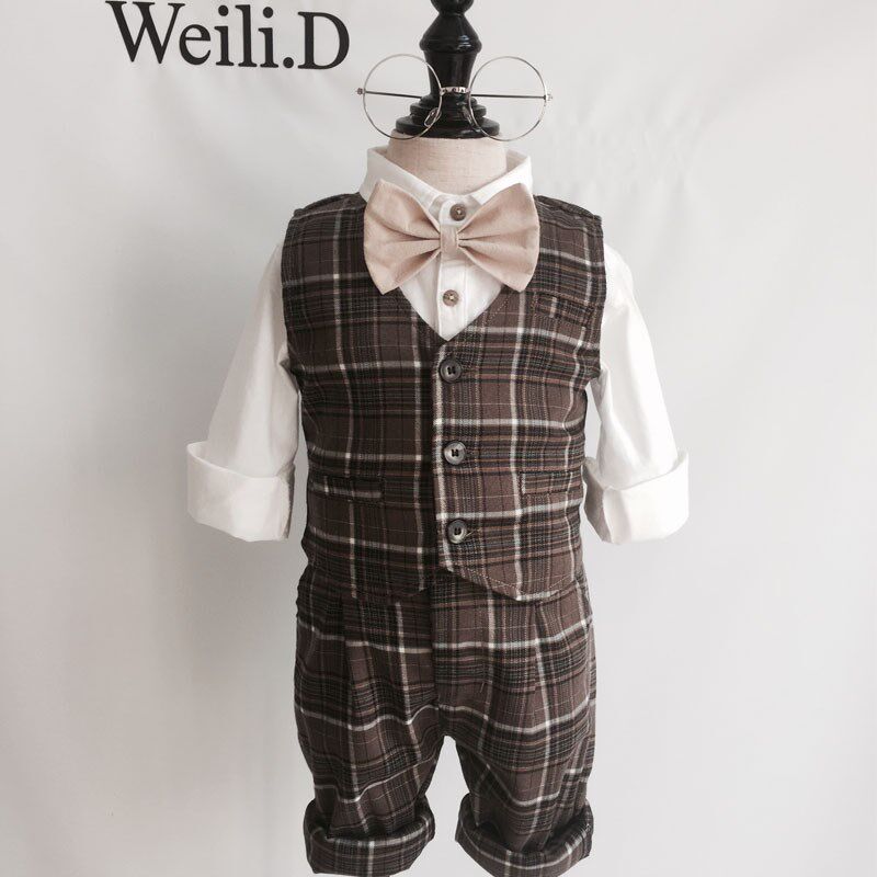 春季新款男童英伦风礼服套装 格子马甲西装礼服三件套演出服花童