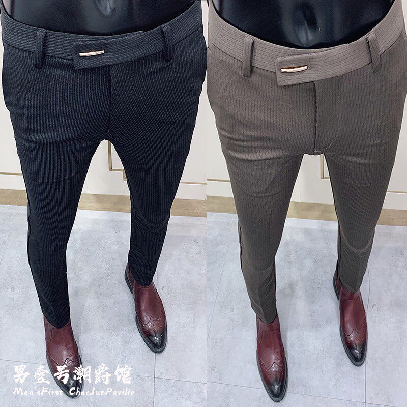 春秋季高端条纹休闲西装裤男发型师潮牌修身潮流紧身弹力窄脚裤子