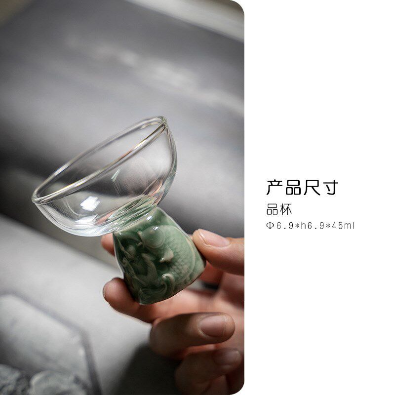 越窑梅子青瓷浮雕高足主人杯功A夫茶具品茗杯耐热玻璃花茶杯单杯