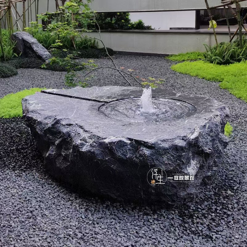 大理石石钵e水池喷泉黑山石日式庭院水钵喷水景观涌泉石雕流水招
