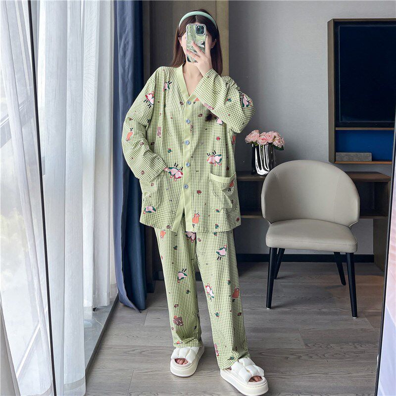 开衫长袖长裤加大码纯棉睡衣女200斤宽松卡通胖mmV领春秋季家居服
