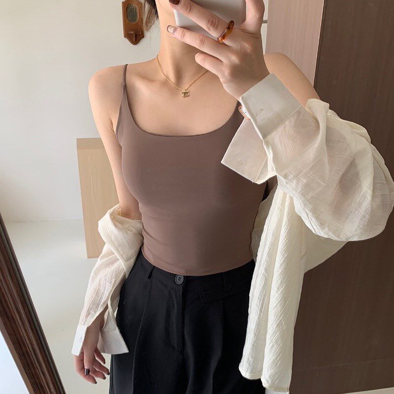 冰丝吊带背心女夏季细肩带修身内搭外穿白色带胸垫抹胸一体式文胸