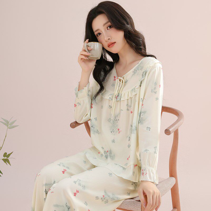 睡衣女春秋长袖薄款舒适女装空调服夏季纯棉绵绸可外穿家居服套装