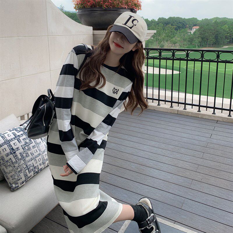 秋季加厚款纯棉睡裙女士长袖宽松过膝大码T恤睡衣全棉外穿家居服