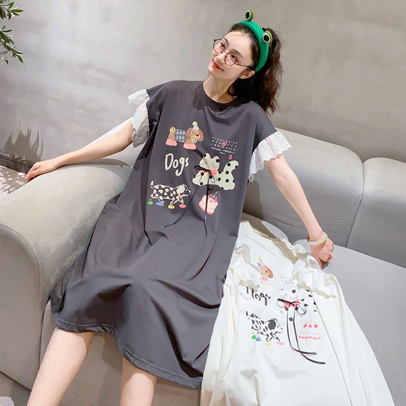 可爱小猫咪无袖睡裙夏季薄款纯棉宽松休闲睡衣女蕾丝花边过膝睡裙