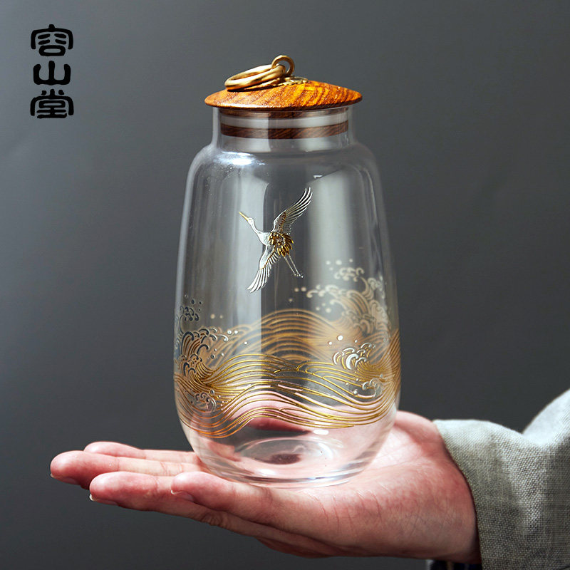 容山堂金银烧玻璃茶叶罐金属扣密封储物罐实木盖大小W号茶具白绿