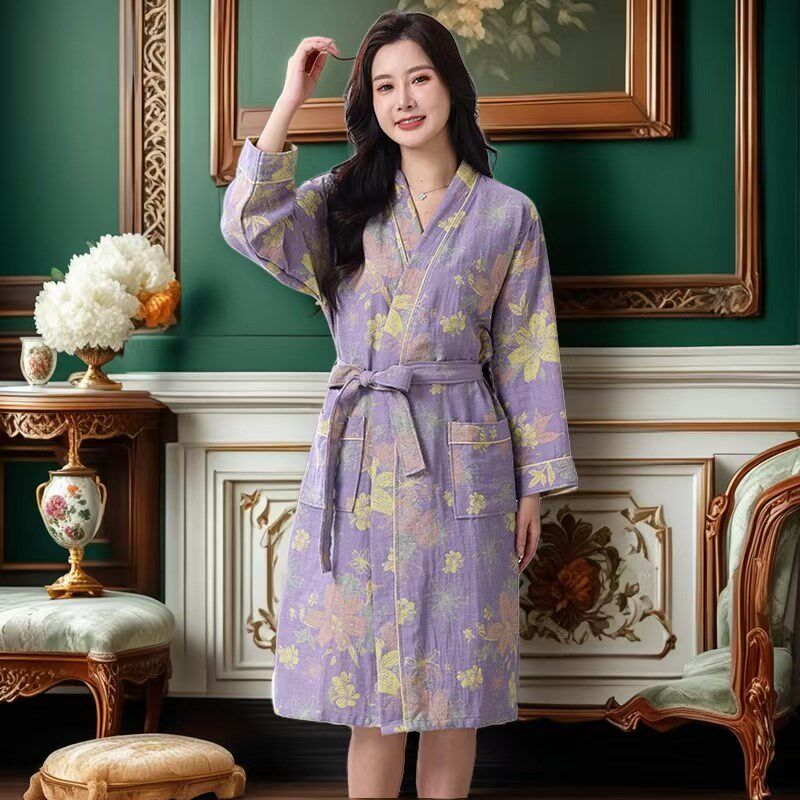 双层纱浴袍纯棉纱布睡袍男女士四季薄款全棉浴衣吸水速干成人酒店