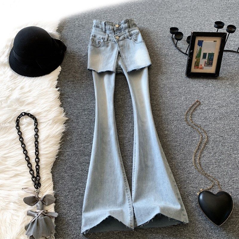 假两件围裙微喇牛仔裤女春季新款浅蓝色复古高腰宽松显瘦喇叭裙裤