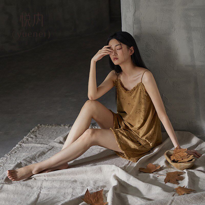 悦内带胸垫一体睡衣女士夏季夏款吊带背心短裤纯棉家居服两件套装