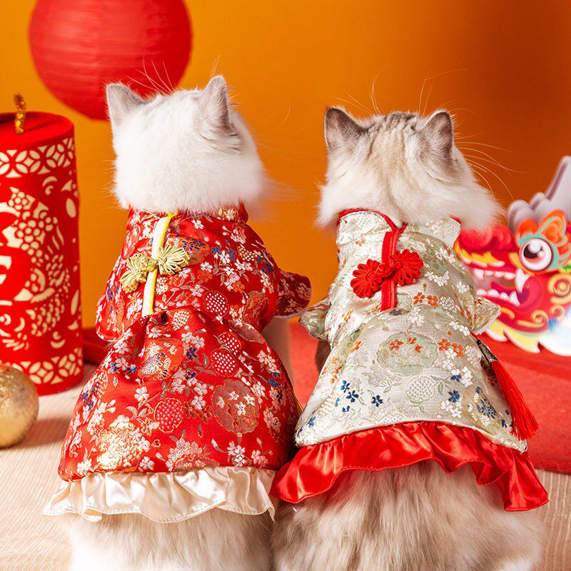 猫咪秋冬季新年百花流苏唐装裙子狗狗过年衣服宠物宫廷风连衣裙子