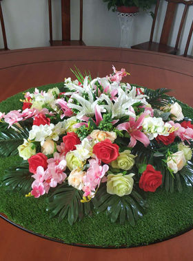 酒店大圆桌中间i装饰花餐桌转盘摆花草坪饭店圆形假花摆件绿色草