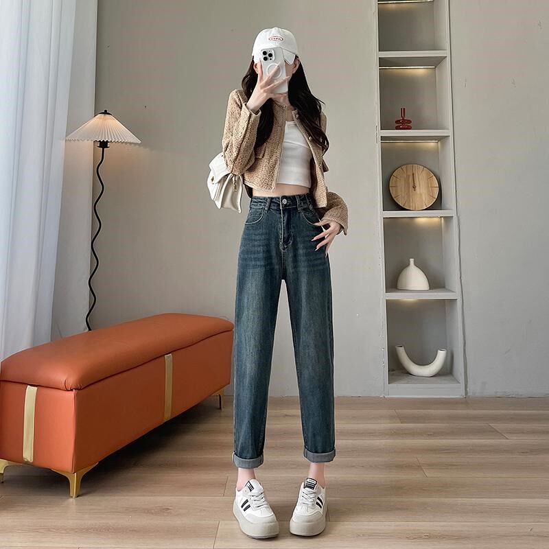 大码胖mm哈伦牛仔裤女2025春夏季新款宽松高腰阔腿萝卜老爹裤显瘦