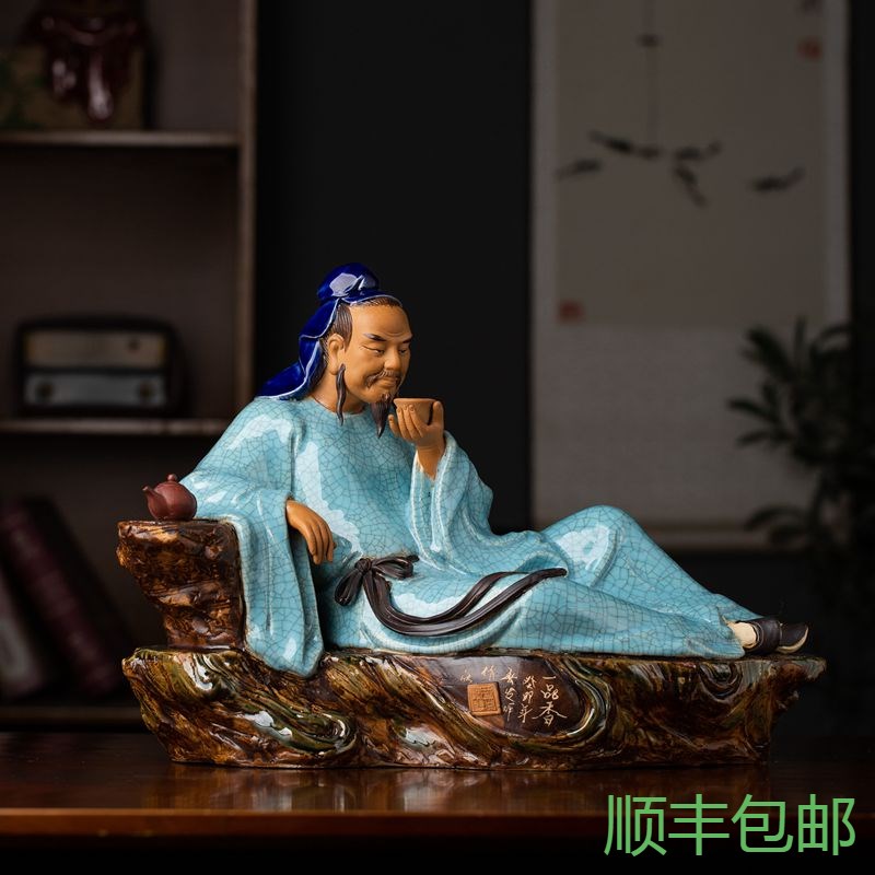 美陶茶圣陆羽品茶历史人物家居茶室会所禅意装饰石湾公仔陶瓷摆件