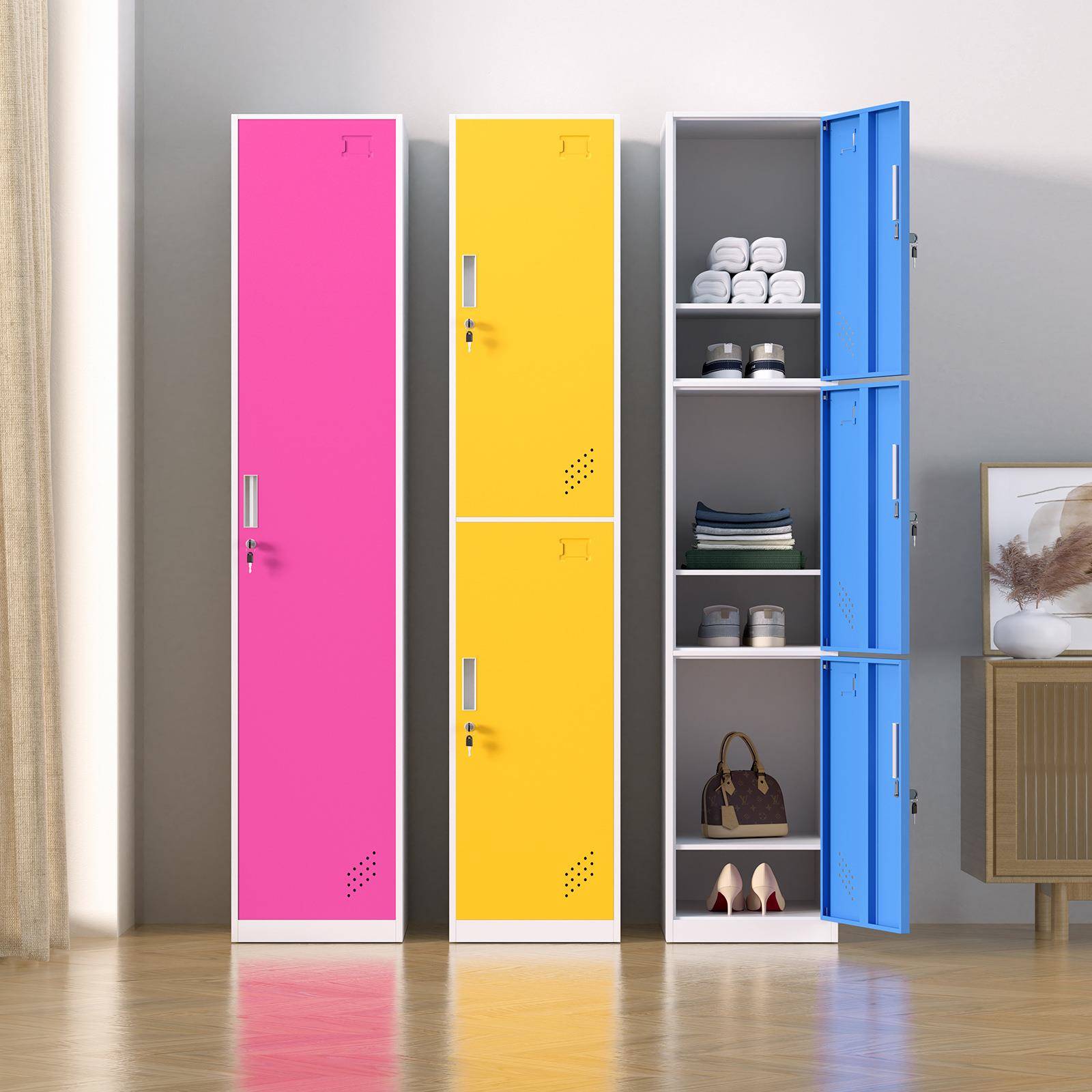 彩色单门更衣柜员工柜储物柜带锁铁皮柜寄存柜加厚存包柜换衣鞋柜