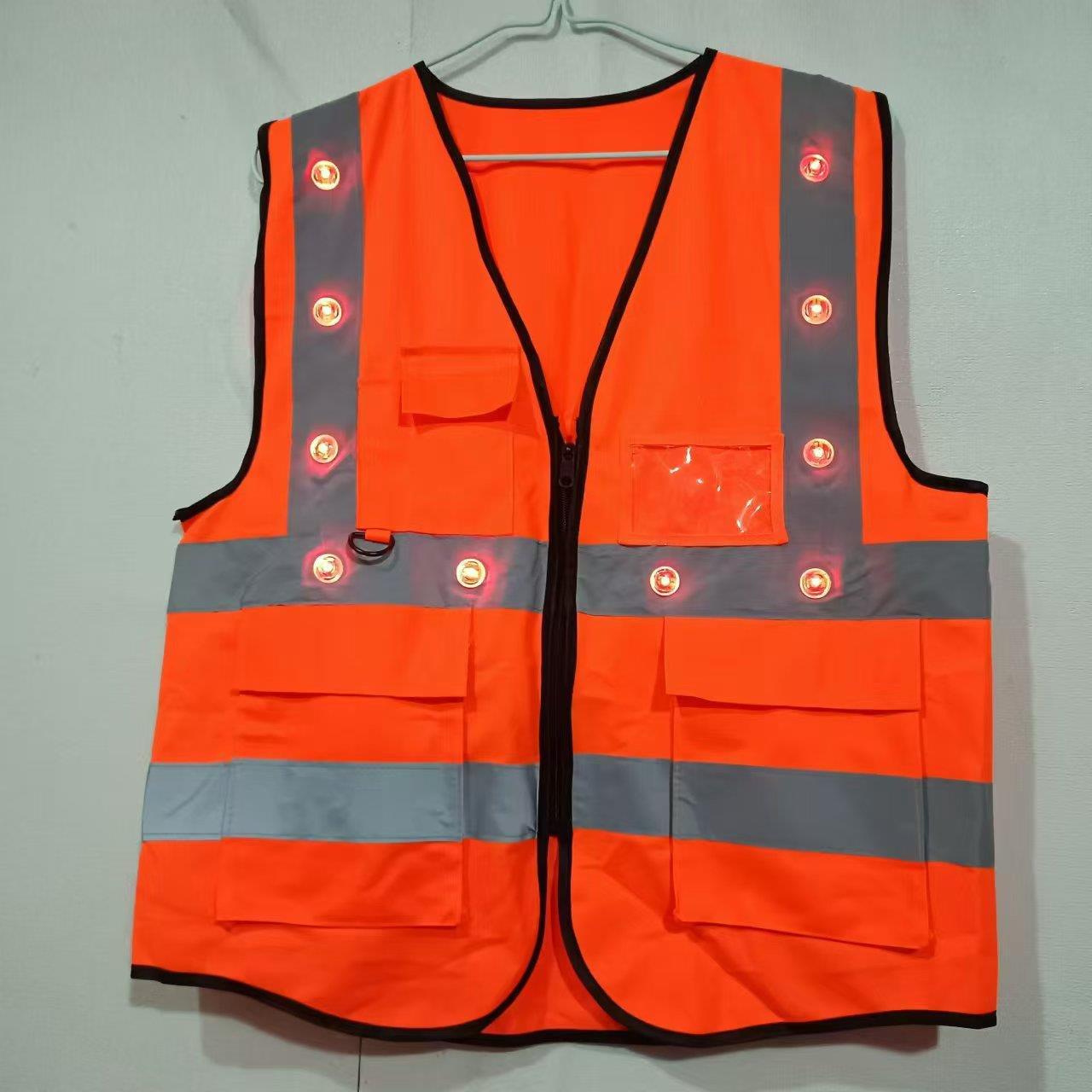 定制LED灯反光背心充电发光闪光夜光橘红马甲带灯骑行安全服爆闪
