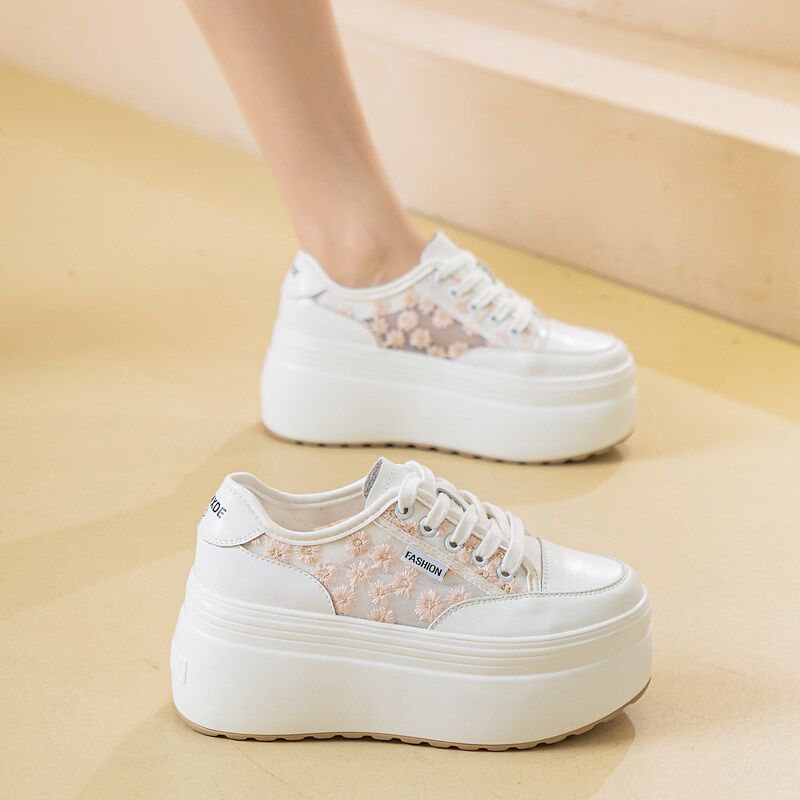 真皮花朵厚底松糕鞋女8cm春夏新款小白鞋网纱透气增高运动休闲鞋