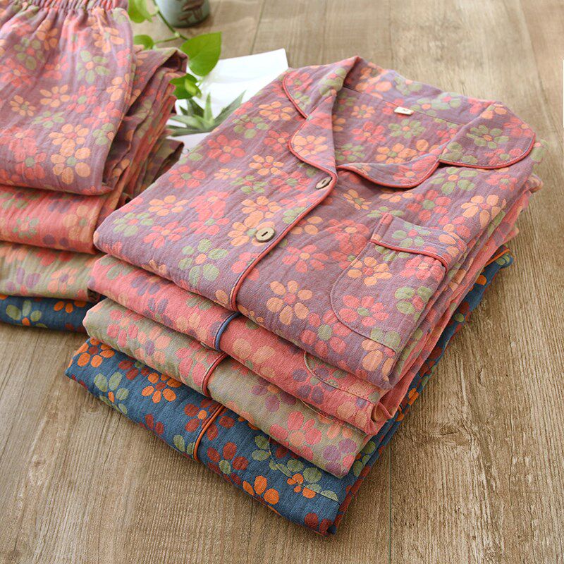 纯棉纱布睡衣女春秋2025新款薄夏季长袖套装加肥大码小个子家居服