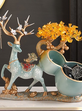 水晶招财糜鹿玄关钥匙收纳摆件入户进门口装饰品乔Z迁新居礼物