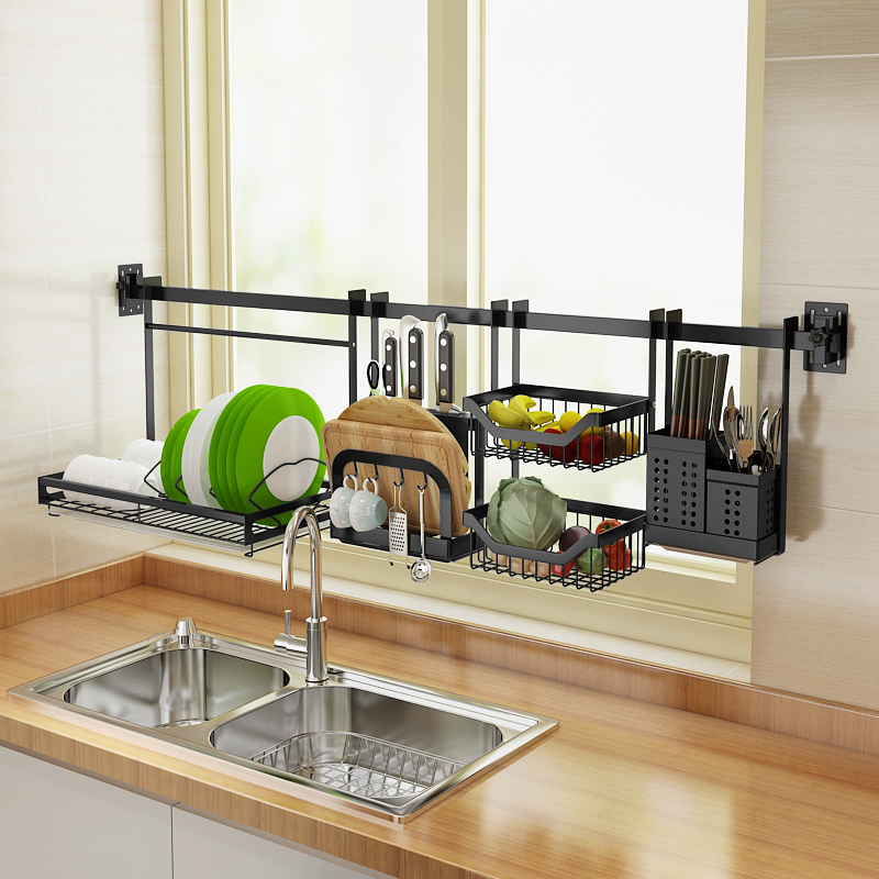 免打孔厨房置物架烤漆p304不锈钢壁挂式挂件黑色沥水碗碟架刀收纳