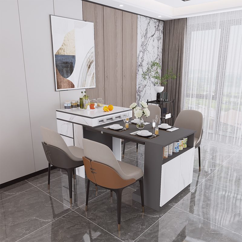 轻奢岩板岛台餐桌一体可折叠简约开放式厨房中Y岛台料理台