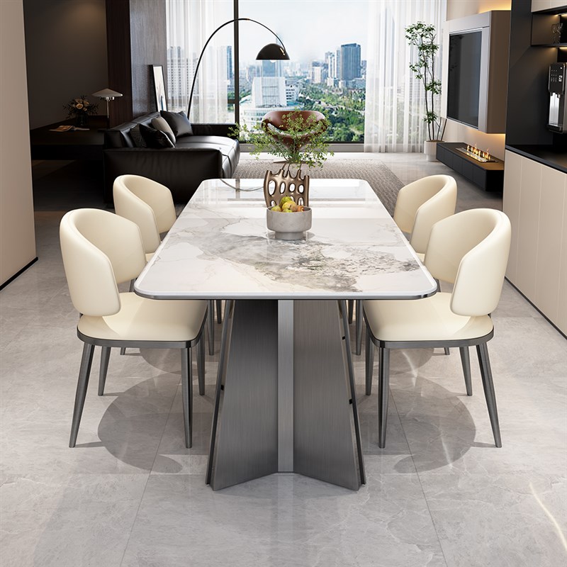 意式极简小户型长方形家用客厅简约岩板L餐桌轻奢组合实木桌脚