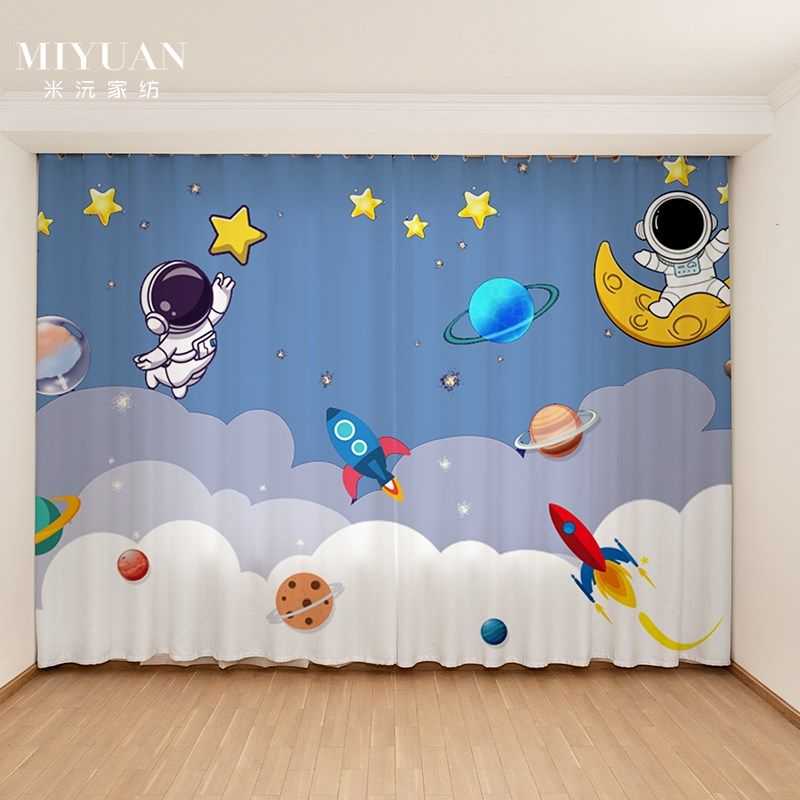2023新款f儿童房卡通宇宙宇航员星球太空火箭男孩卧室飘窗窗帘定