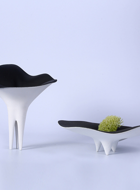 简约新中式陶瓷高脚果盘v摆件样板间客厅茶几玄关插花器装饰品